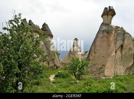 Paysage naturel pittoresque avec vue sur les cheminées de fées les anciennes formations rocheuses à Göreme, Nevşehir Cappadoce, Turquie. Banque D'Images