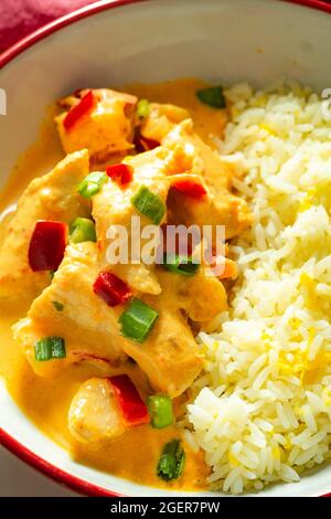 Curry de poulet thaïlandais au riz dans un bol rouge et blanc – gros plan Banque D'Images