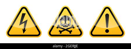 Signes vectoriels d'avertissement triangulaires. Signe de haute tension. Avertissement signe d'attention avec point d'exclamation. Panneau d'avertissement crâne et os. Isolé sur un blanc Illustration de Vecteur