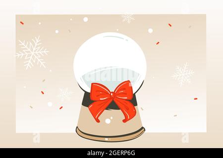 Dessin à la main vecteur résumé amusant Merry Christmas dessin animé illustration carte de voeux avec boule de neige en verre et copier l'espace pour votre texte Illustration de Vecteur