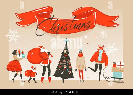 Dessin à la main vecteur abstrait amusant Merry Christmas temps dessin animé carte de voeux avec joyeux Noël marché personnes et ruban rouge avec Noël Illustration de Vecteur