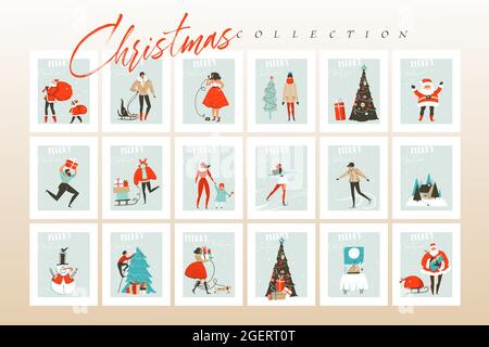 Dessin à la main vecteur abstrait amusant Joyeux Noël caricature illustrations cartes de voeux et arrière-plans grande collection ensemble avec boîtes cadeaux, les gens et Illustration de Vecteur