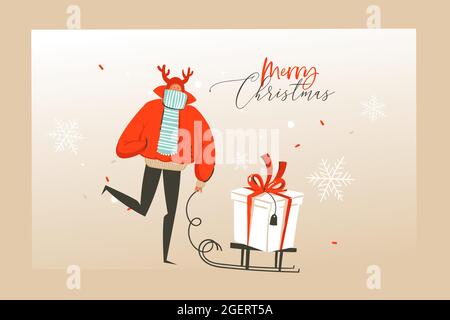 Dessin à la main vecteur abstrait amusant Joyeux Noël dessin animé carte de voeux avec heureux xmas gens du marché, des cadeaux et Joyeux Noël Illustration de Vecteur