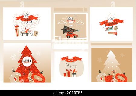Dessin à la main vecteur abstrait amusant Joyeux Noël caricature illustrations cartes de voeux et arrière-plans collection ensemble avec boîtes cadeaux, arbre de Noël Illustration de Vecteur