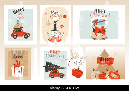 Dessin à la main vecteur abstrait amusant Joyeux Noël caricature illustrations cartes de voeux et arrière-plans collection ensemble avec boîtes cadeaux, arbre de Noël Illustration de Vecteur