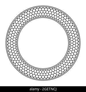 Cadre circulaire avec motif graphique. Bordure, encadrée de cercles, avec structure graphique moléculaire schématique sans couture, atomes de carbone dans une grille hexagonale. Banque D'Images