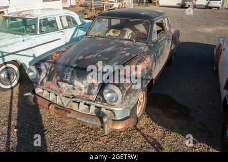 1952 vintage Studebaker Commander voiture américaine dans un désert de la junk yard Kingman arizona Banque D'Images