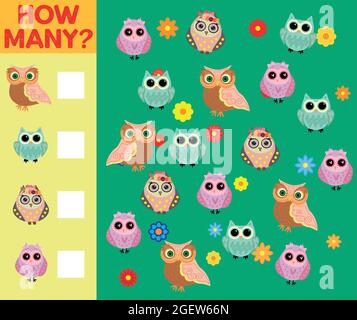 Dessin animé Illustration du jeu éducatif d'activité de comptage pour les enfants avec des personnages d'oiseau. Illustration de Vecteur