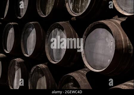 Old porto Lodge avec des rangées de fûts en bois de chêne pour le vieillissement lent du vin de rubis fortifié ou tawny porto à Vila Nova de Gaia, au nord du Portugal Banque D'Images