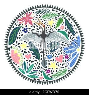 Ramforghin volant, collection de dinosaures préhistoriques. Animaux anciens. Dessiné à la main. Dans un cadre de fleurs et de feuilles Illustration de Vecteur