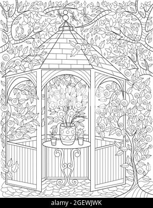 Pavillon de jardin avec pot de plante placé sur table ronde grand arbre arrière-plan ligne incolore. Jardin Pavillion Doodle avec plantes fleurs arbres Illustration de Vecteur