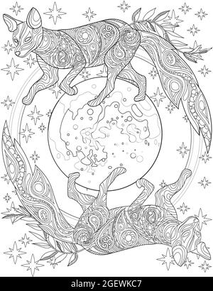 Loups debout sur la Terre minuscule sphère Starry arrière-plan coloriage page de livre. Deux grands renards marchant autour du petit Globe avec étoiles dessin de ligne incolore. Illustration de Vecteur