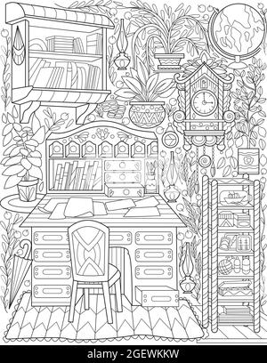 Bureau de la salle d'étude Doodle Line dessin tiroir horloge Globe Livres plantes. Dessin de bureau à la maison avec les livres de table Stand horloge coloriage de la page de livre. Illustration de Vecteur