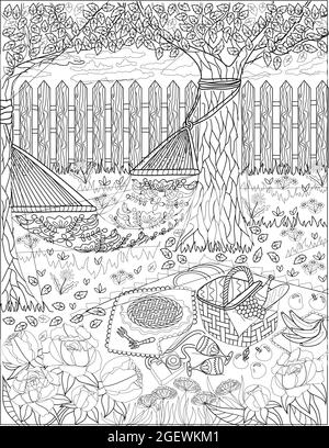 Arrière-cour avec clôtures avec hamac attaché entre les arbres à côté D'UN panier de pique-nique placé sur le dessus du dessin de ligne de lin. Jardin reposant avec balançoire en tissu Illustration de Vecteur