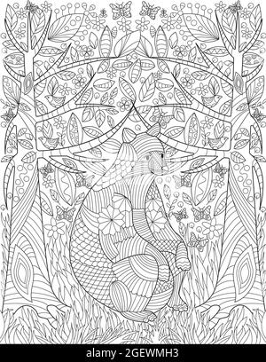 Grand rongeur assis entre deux arbres dans le fond de la forêt avec des insectes volants lignes incolores dessin. Page de livre de coloriage de forêt avec grand animal. Illustration de Vecteur