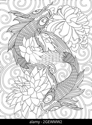 Deux poissons Koi nagent autour de fleurs de Lotus lignes incolores dessin. La carpe Fishes nage sur le lac avec Flower Floating coloring Book page. Illustration de Vecteur