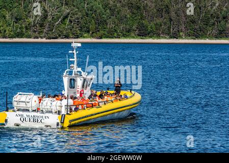 Tadoussac, Canada - juillet 23 2021 : bateau zodiaque pour l'observation des baleines dans la rivière Saguenay Banque D'Images