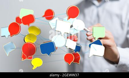 Personne tenant un stylet près d'une bulle de texte en 3D Banque D'Images