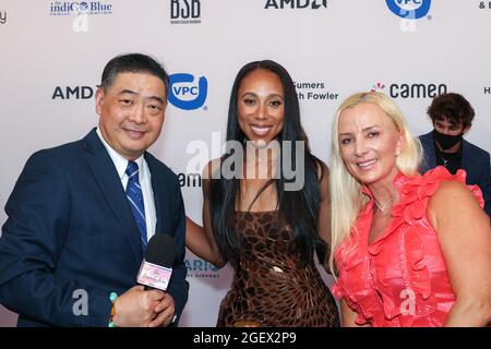 Beverly Hills, Californie, États-Unis. 20 août 2021. L'animateur de télévision Joey Zhou, Leah Pump et Marina Kufa participant au 21e Gala annuel de la Fondation Harold et Carole Pump à l'hôtel Beverly Hilton de Beverly Hills, en Californie. Crédit: Sheri Determan Banque D'Images