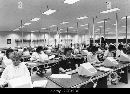 Austin Texas USA, 1990: Des dizaines de commis à l'entrée de données pour la plupart des femmes travaillent dans une grande pièce d'un centre de traitement du recensement des États-Unis, car des millions d'Américains retournent des formulaires de recensement pour le compte décennal des personnes vivant dans le pays. ©Bob Daemmrich Banque D'Images