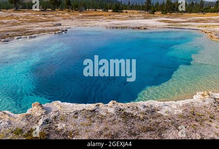 C'est une vue sur une superbe piscine de source chaude bleue connue sous le nom de Sapphire Pool dans la région de Biscuit Basin du parc national de Yellowstone, Wyoming, États-Unis. Banque D'Images