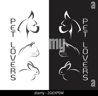 Groupe vectoriel d'animaux de compagnie - chien, chat, lapin, isolé sur fond blanc et fond noir / logo PET. Illustration vectorielle superposée facile à modifier. Illustration de Vecteur