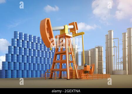 c concept avec 3d rendu de la pompe de pétrole brut avec raffinerie de pétrole et baril Banque D'Images