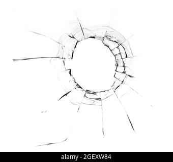 Fissures dans le verre, un trou des balles dans le verre sur un fond blanc. Texture de verre de fenêtre. Banque D'Images