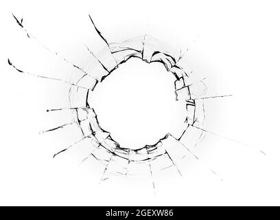 Fissures dans le verre, un trou des balles dans le verre sur un fond blanc. Texture de verre de fenêtre. Banque D'Images