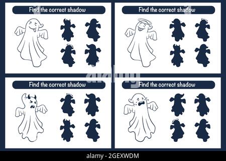 Trouvez le bon jeu éducatif Ghosts silhouette pour les enfants. Activité d'appariement des ombres pour les enfants. Style de dessin animé. Puzzle préscolaire. Feuille de travail pédagogique. Trouvez le jeu d'ombre correct. Vecteur Premium Illustration de Vecteur