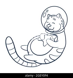 Le Cosmonaut Cat embrassant une illustration en étoile. Line Art astronaute animal touchant le croquis en étoile pour le logo, le livre de coloriage et la décoration de la garderie, tees graphiques pour enfants, imprimés, autocollants Illustration de Vecteur