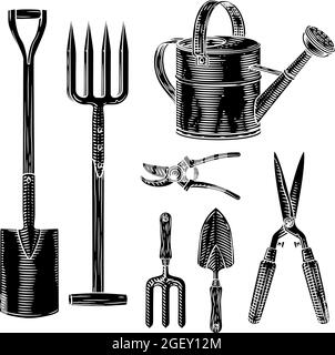 Ensemble d'outils de jardinage style rétro en bois Illustration de Vecteur