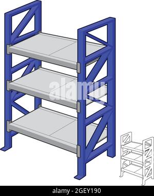 Étagères bleues rack de vente au détail avec dessin d'art de ligne, supermarché d'atelier, illustration d'objet vectoriel, logo d'objet de dessin sur fond blanc isolé. Illustration de Vecteur