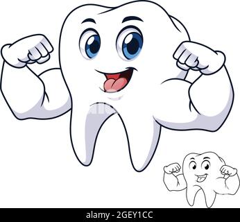 Forte dent montrant les muscles du bras avec dessin d'art de ligne, santé et médecine dentaire, illustration de personnage de vecteur, logo de mascotte de dessin de dessin de dessin de dessin de dessin de dessin de dessin de dessin de dessin de dessin de dessin de Illustration de Vecteur