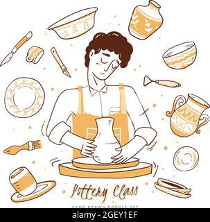 Jeu de vecteurs atelier Pottery. Fabrication de poterie traditionnelle faite à la main, illustration vectorielle dessinés à la main style doodle. Illustration de Vecteur