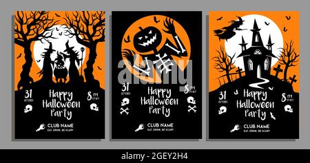 Ensemble d'affiches de fête d'Halloween en noir et orange. Modèle vectoriel d'invitations, invitations, cartes, prospectus, afiche dans des silhouettes de dessins animés Illustration de Vecteur