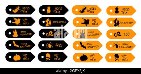 Ensemble d'étiquettes d'Halloween. Balises vectorielles Halloween avec illustrations de silhouette en orange et noir isolées sur blanc. Collection de dessins animés avec étiquette graphique Illustration de Vecteur