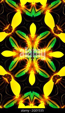 Vert vif et jaune Mandala Fleur avec rayons brillants image verticale. Banque D'Images