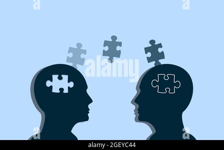 Deux personnes échangeant une pièce de puzzle puzzle. Une tête humaine donne la pièce à un autre cerveau humain. Donneur et récepteur concept idée créative. Banque D'Images