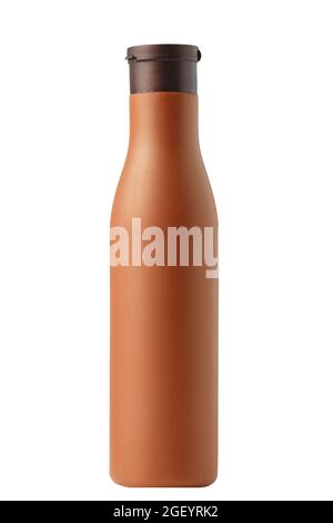 Bouteille en plastique marron mat pour cosmétiques ou produits d'hygiène. Isolé sur un fond blanc. Vue avant du conteneur. Plan d'agencement pour les soins corporels de marque. Maquette. Banque D'Images
