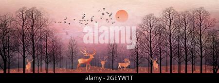 Papier peint paysage avec noir foncé Jungle, fond de forêt. cerf, arbre, nuages avec oiseaux noirs au coucher du soleil. Art mural pour toile cadre sur les murs . Banque D'Images