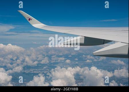 05.06.2019, Singapour, République de Singapour, Asie - vol dans un avion à passagers Airbus A350 de Qatar Airways en route de Singapour à Doha. Banque D'Images