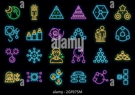 Ensemble d'icônes de hiérarchie. Ensemble de contours des icônes vectorielles de hiérarchie couleur néon sur noir Illustration de Vecteur