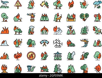 Ensemble d'icônes de forêt brûlante. Ensemble de contours des icônes vectorielles de forêt en feu couleur fine ligne plate sur blanc Illustration de Vecteur