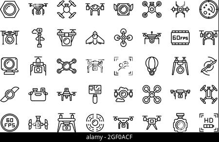 Les icônes de vidéographie aérienne définissent le vecteur de contour. Caméra de drone. Prise de vue Aero Illustration de Vecteur