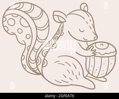 L'écureuil prend un gland. Illustration vectorielle. Carte alphabétique. Jolie carte d'animal de bande dessinée. Illustration de Vecteur