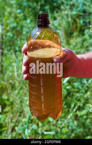 La main d'un homme tient une bouteille de bière ouverte en plastique. Format vertical. Banque D'Images