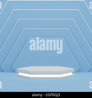 Podium avec fond bleu à motif hexagonal clair pour les dimensions carrées de l'affichage des produits. Plate-forme de podium vide. Rendu 3D. Banque D'Images