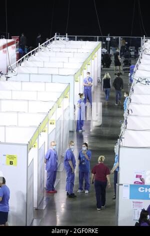 Le personnel médical d'une clinique de vaccination à la SSE Arena, Belfast, pendant le week-end du Big Jab, qui a vu des centres de vaccination sans rendez-vous ouvrir à nouveau en Irlande du Nord pour les premières doses pour tous les adultes, en raison des inquiétudes soulevées par le nombre élevé de cas de Covid dans la région. Date de la photo: Dimanche 22 août 2021. Banque D'Images