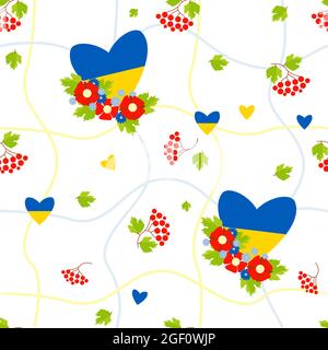 Motif sans couture. Grille géométrique avec bouquet de fleurs et coeur jaune-bleu, avec baies rouges de Viburnum et coquelicots sur un blanc Illustration de Vecteur